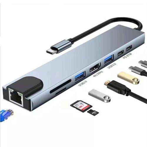 8 in 1 USB HUB HDTV PD 2USB Type-C SD TF RJ45